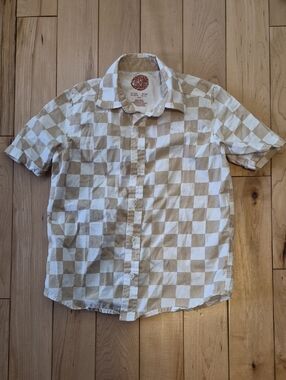 Boys Size 5 C&C California Beige & White Checkered Short-Sleeve Button-Down